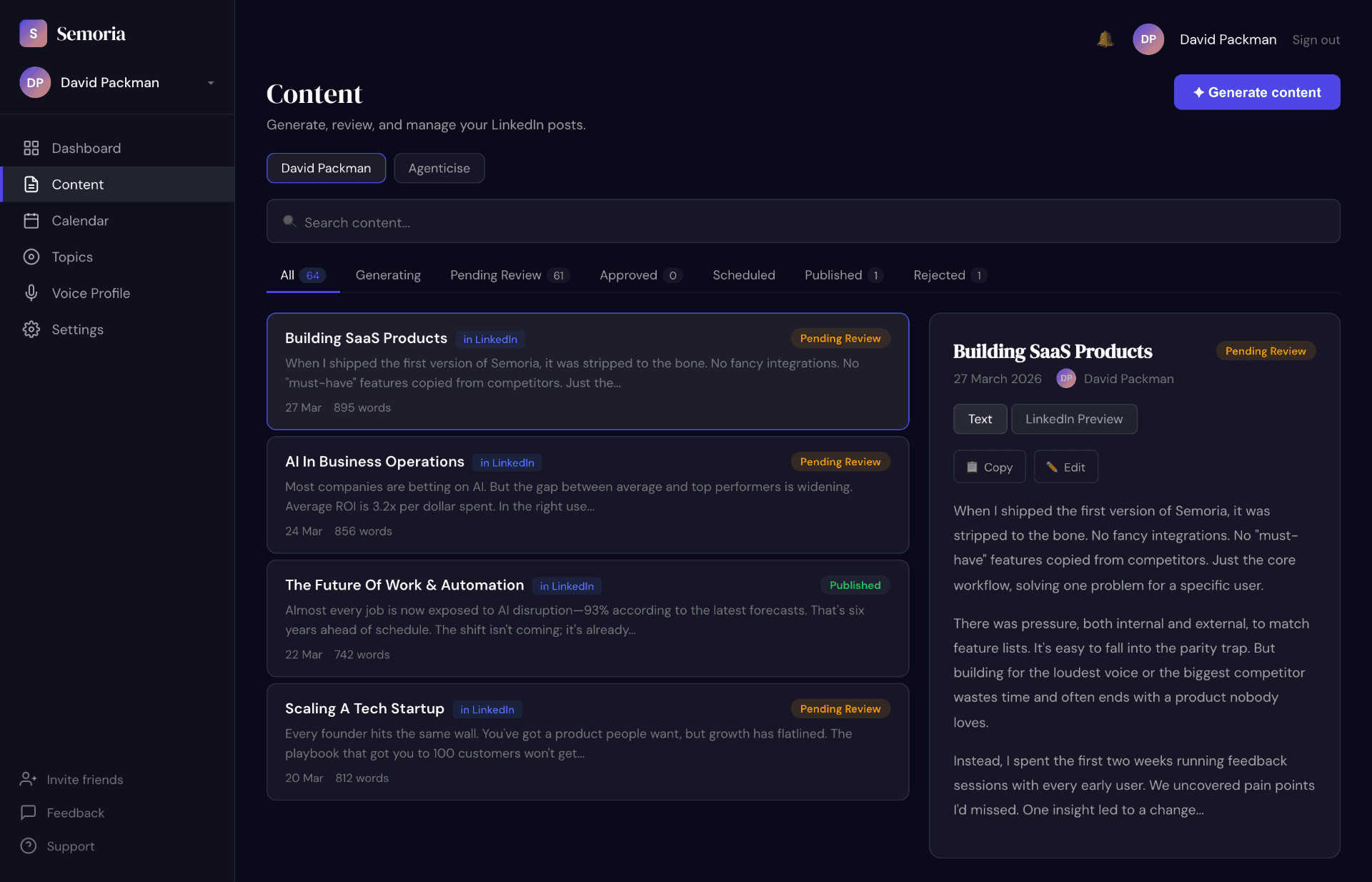 Semoria dashboard showing content management with post statuses, topics, and inline preview