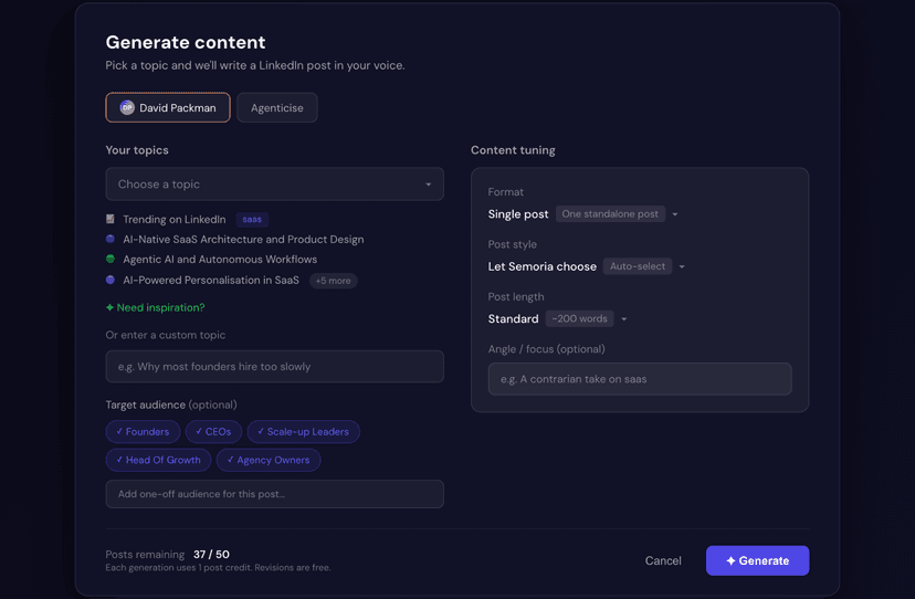 Semoria content generation interface showing topic selection and content tuning